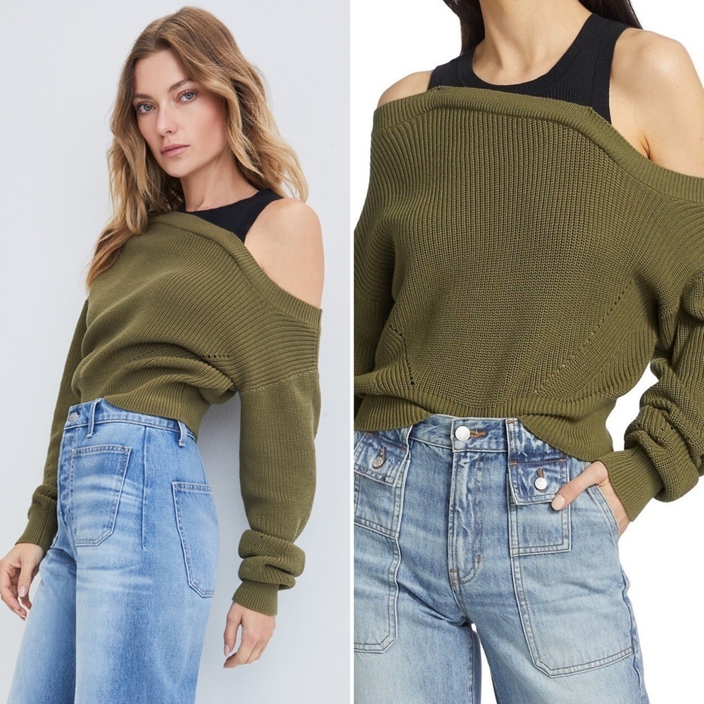 Veronica Beard Prescott Layered Off-The-Shoulder Sweater in Army Green Size XS